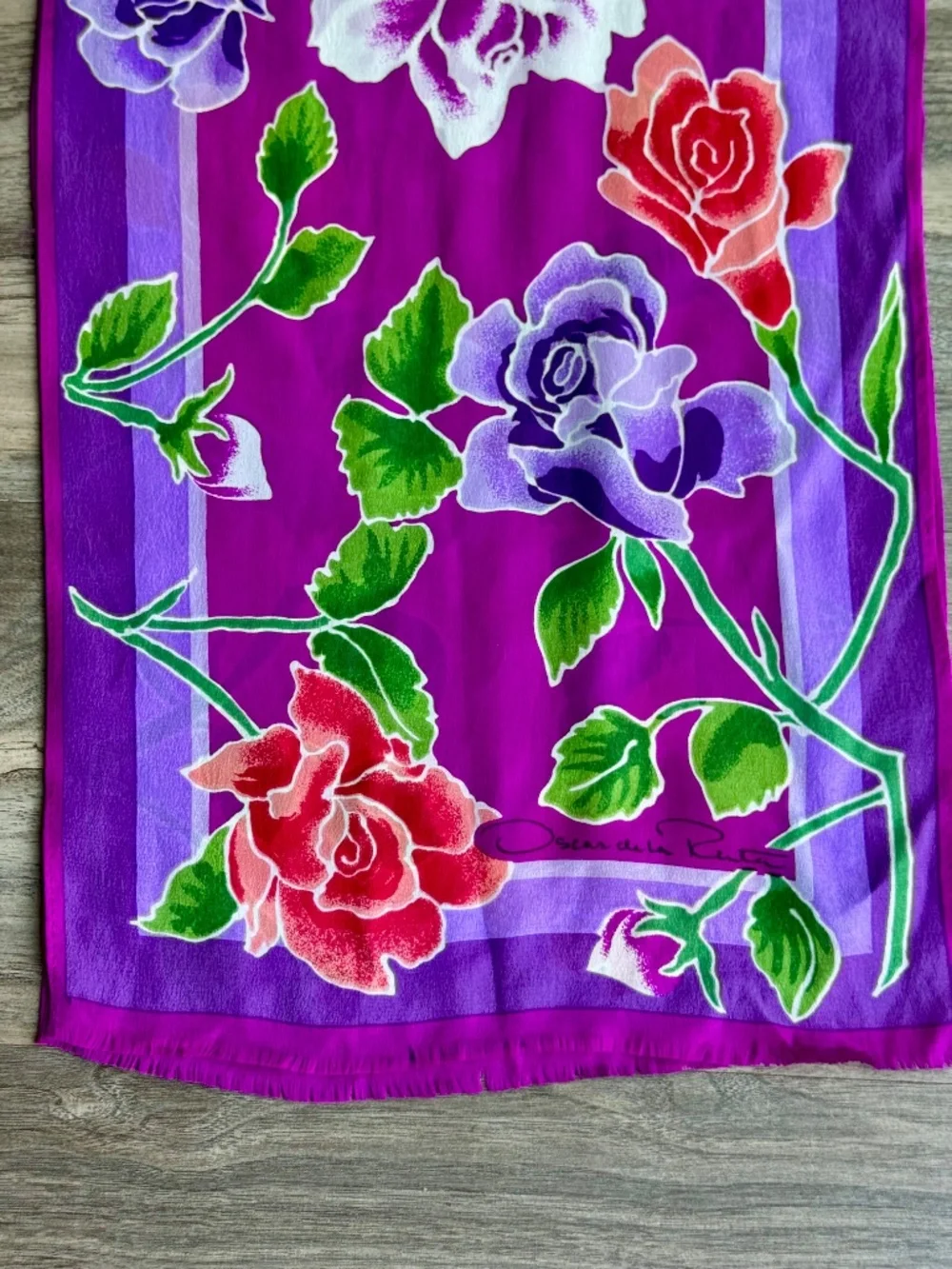 Vintage Oscar‎ De La Renta Floral Long Scarf Magenta Purple Rose Print